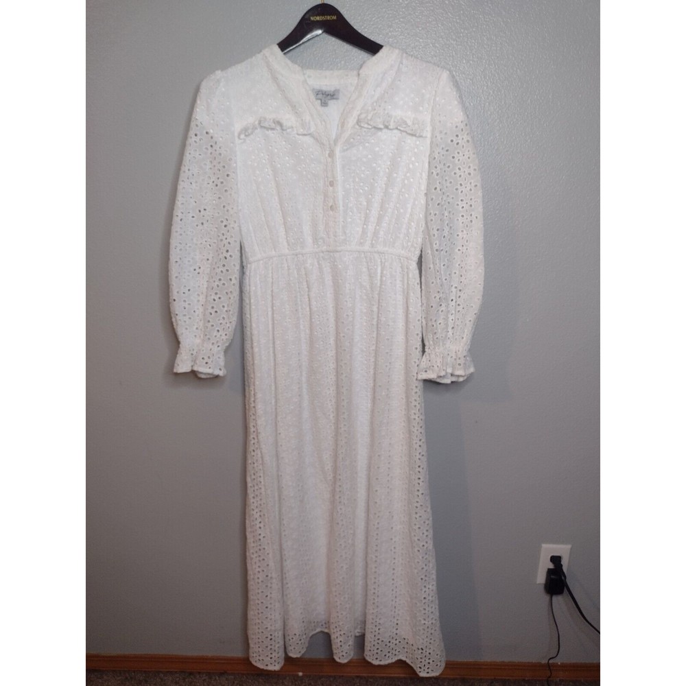 Polagram Womens Eyelet Lace Maxi Dress Small White L/S Peasant Festival Boho H